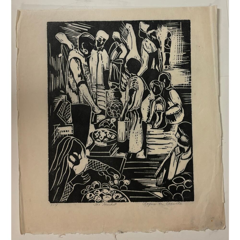 Vintage mid century linoleum block print art people